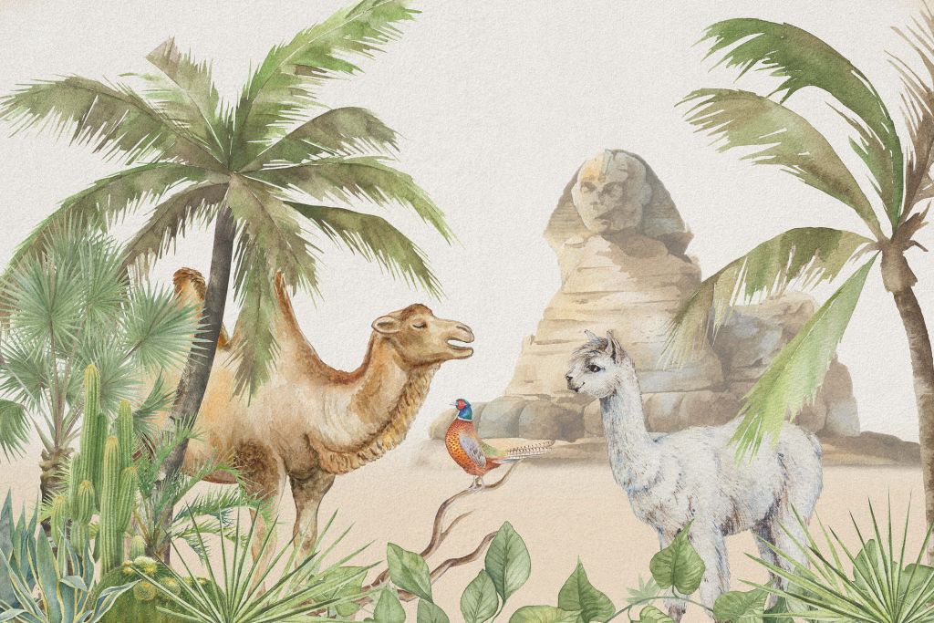 Camel and alpaca in the desert