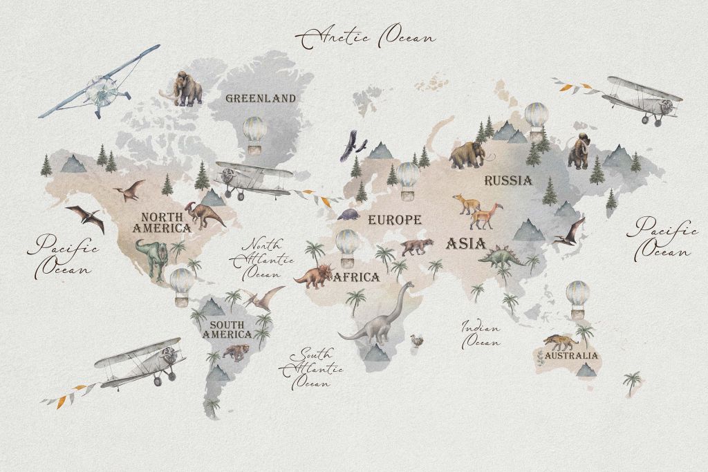 World map with dinosaurs