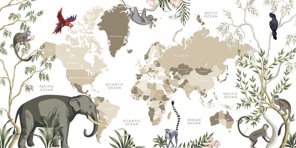 World map with jungle animals