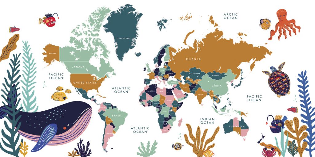 World map with ocean animals