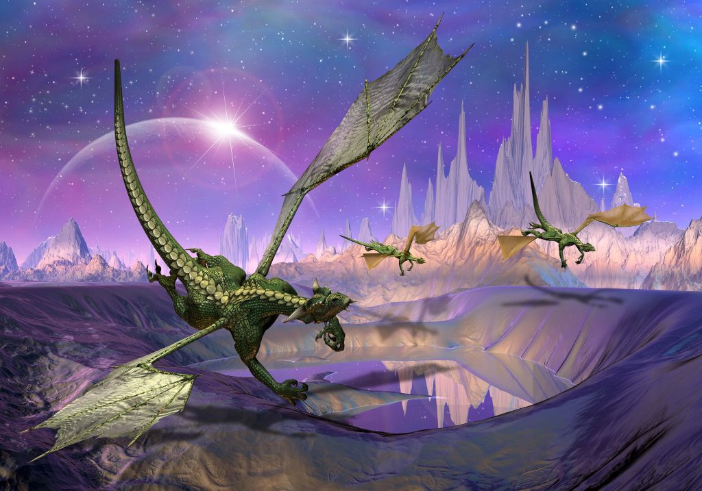 Dragons in a fantasy landscape