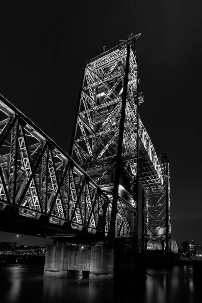Former railroad bridge De Hef in Rotterdam in black and white 