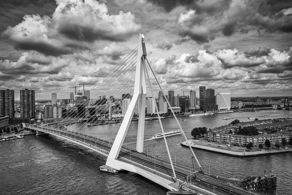 Rotterdam city center from a great height in black and white 