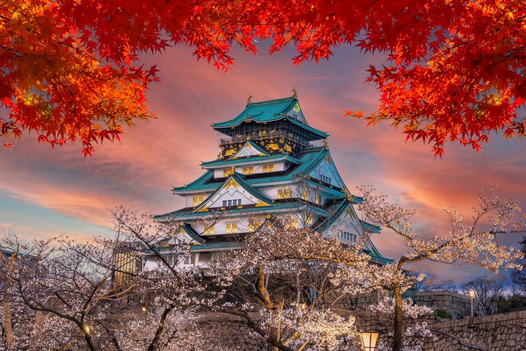 Osaka castle through the trees