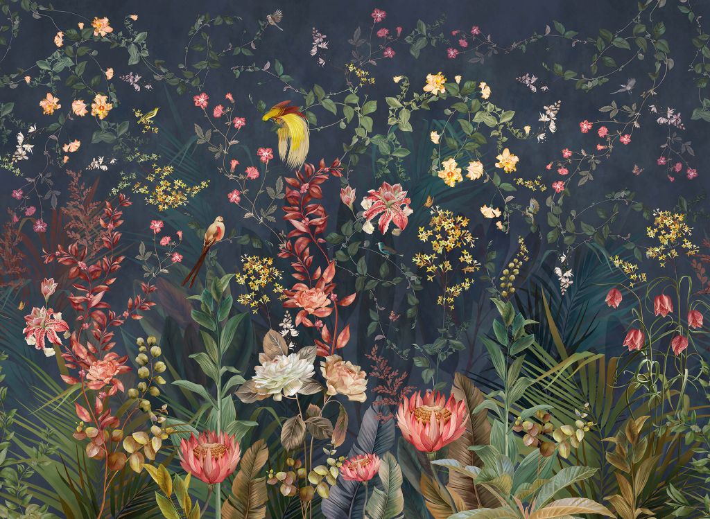 Jungle flowers and birds
