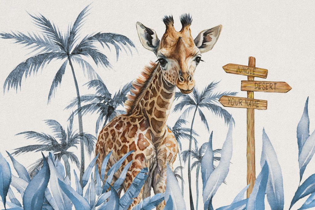 Baby giraffe in the jungle blue