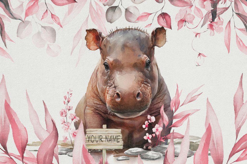 Baby hippo in the leaves pink