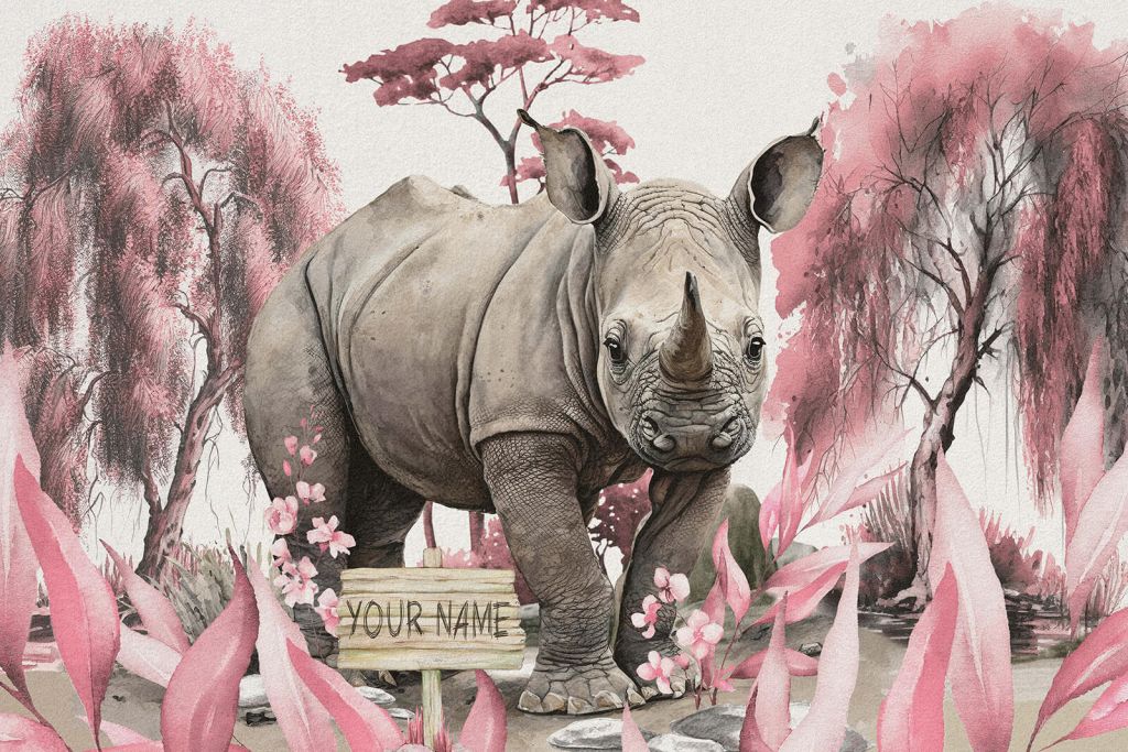 Baby rhino on the savannah pink