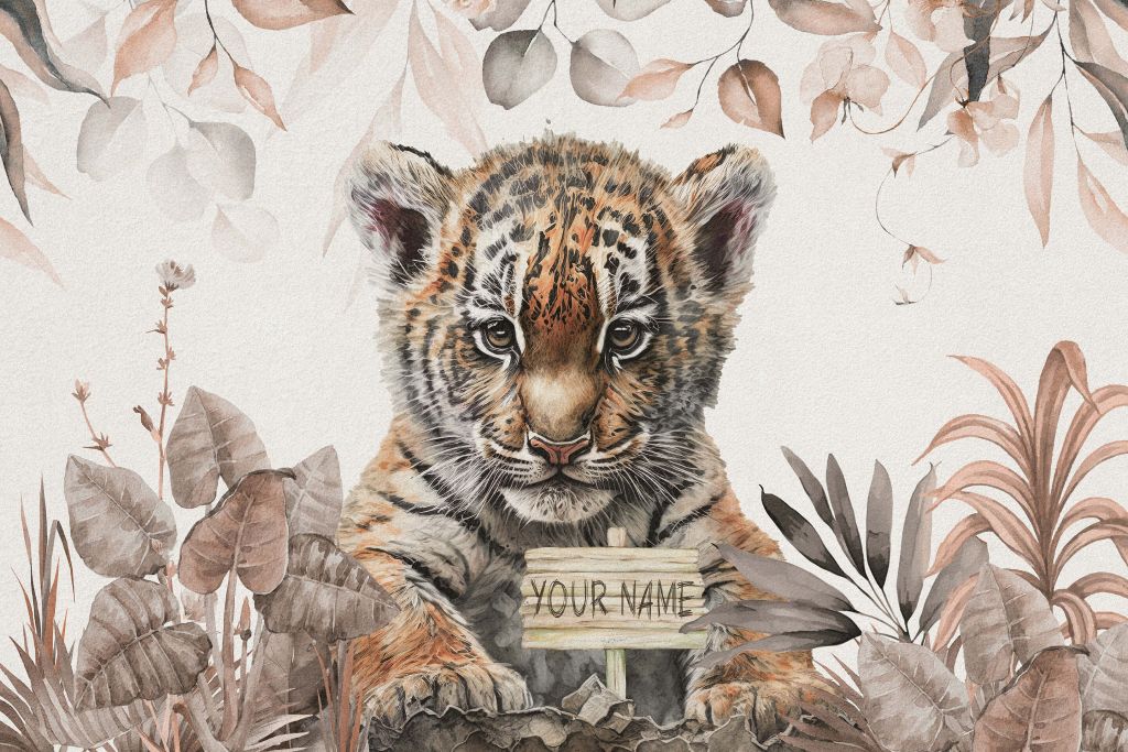 Cute tiger with plants taupe