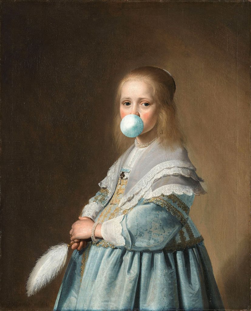 Portrait of a girl with blue chewing gum