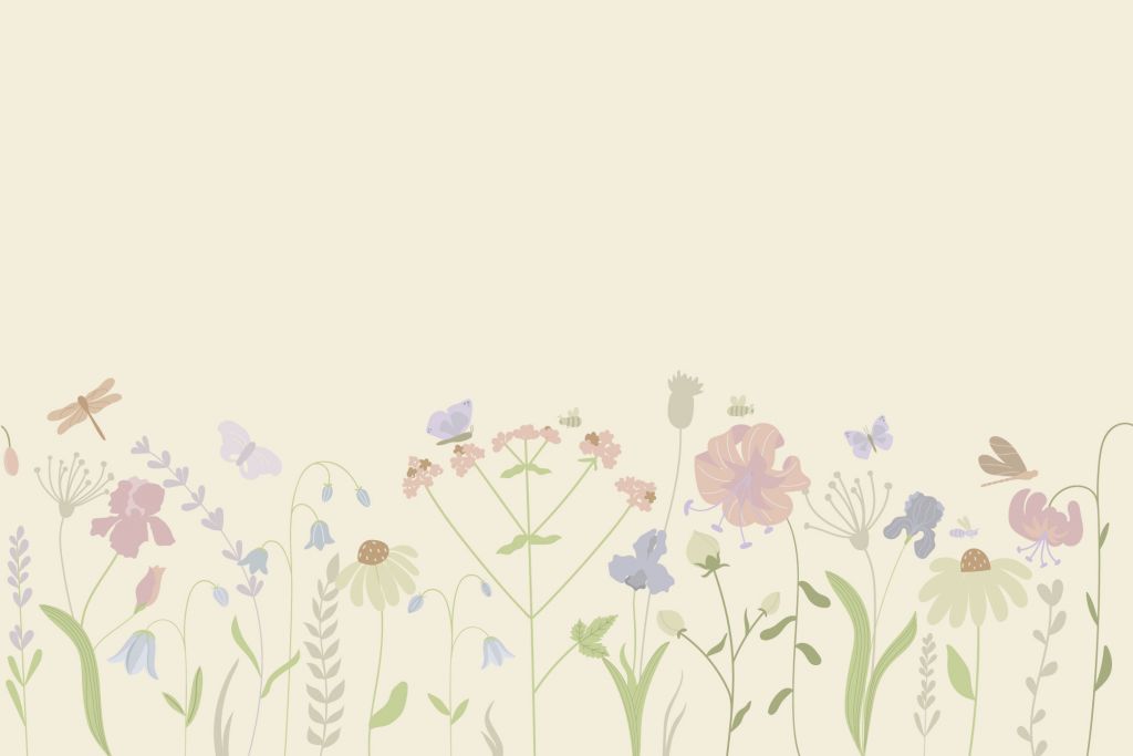 Field of flowers with butterflies beige, old pink, green and lilac