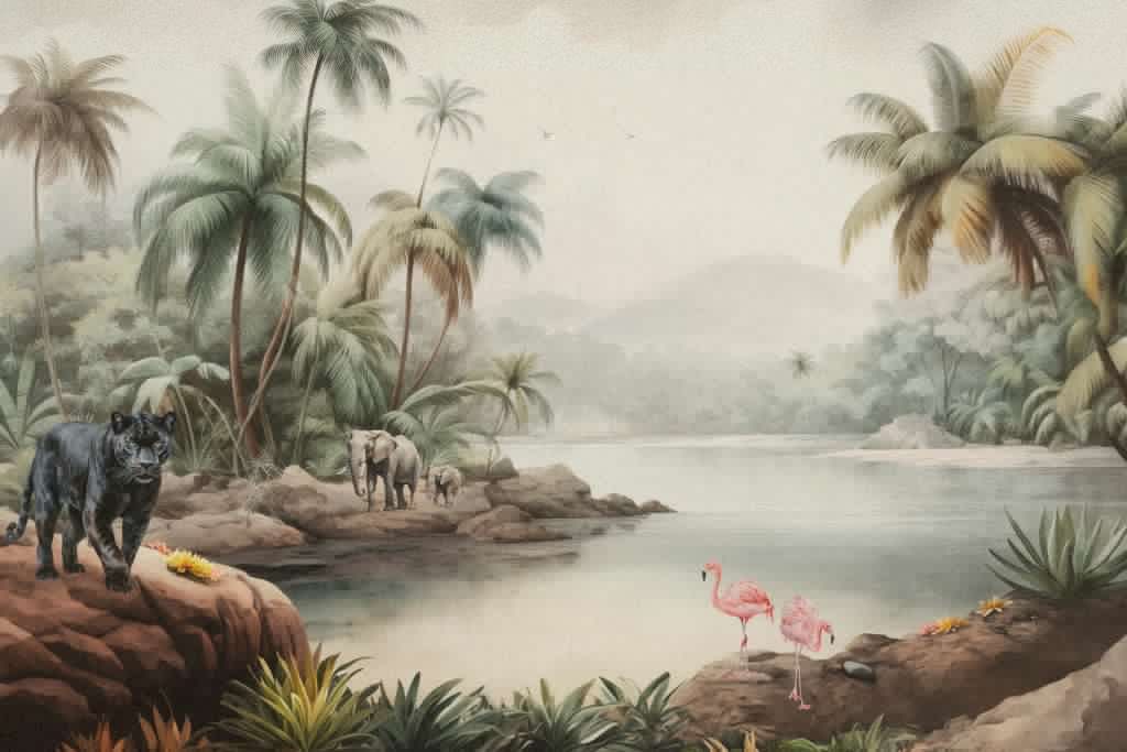 Jungle landscape with animals in colour