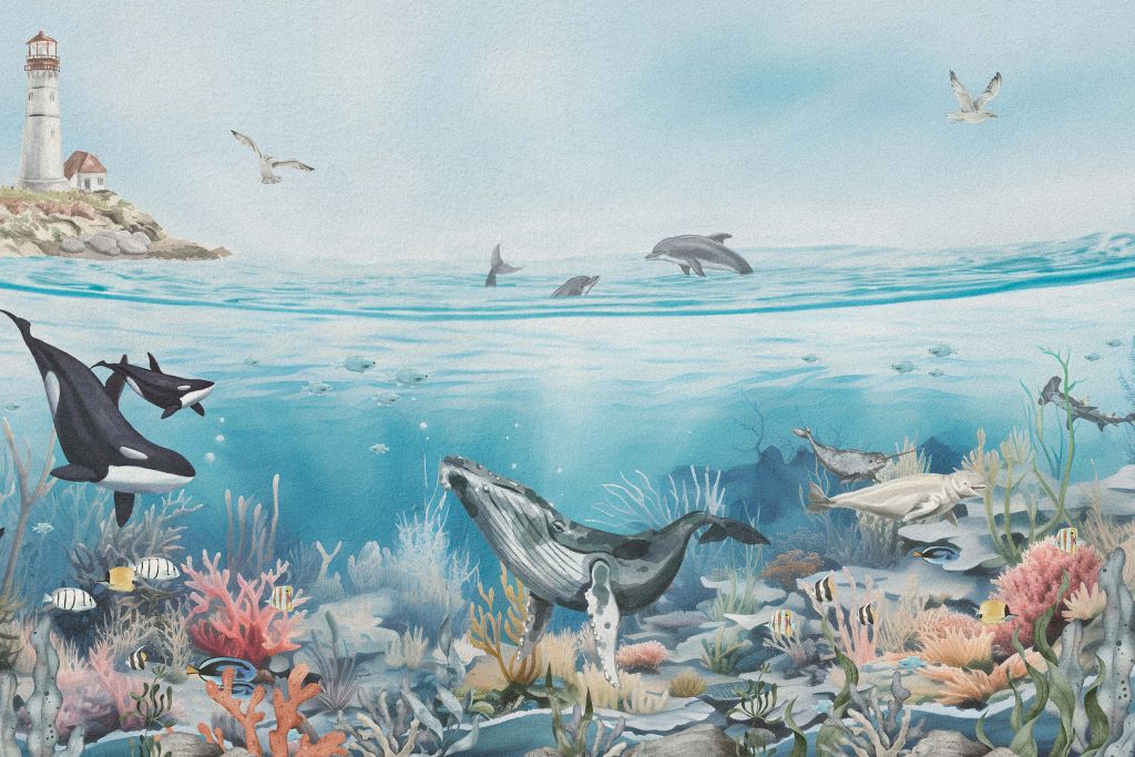 Ocean landscape with animals in color