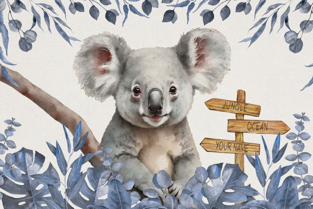 Baby koala in the jungle blue