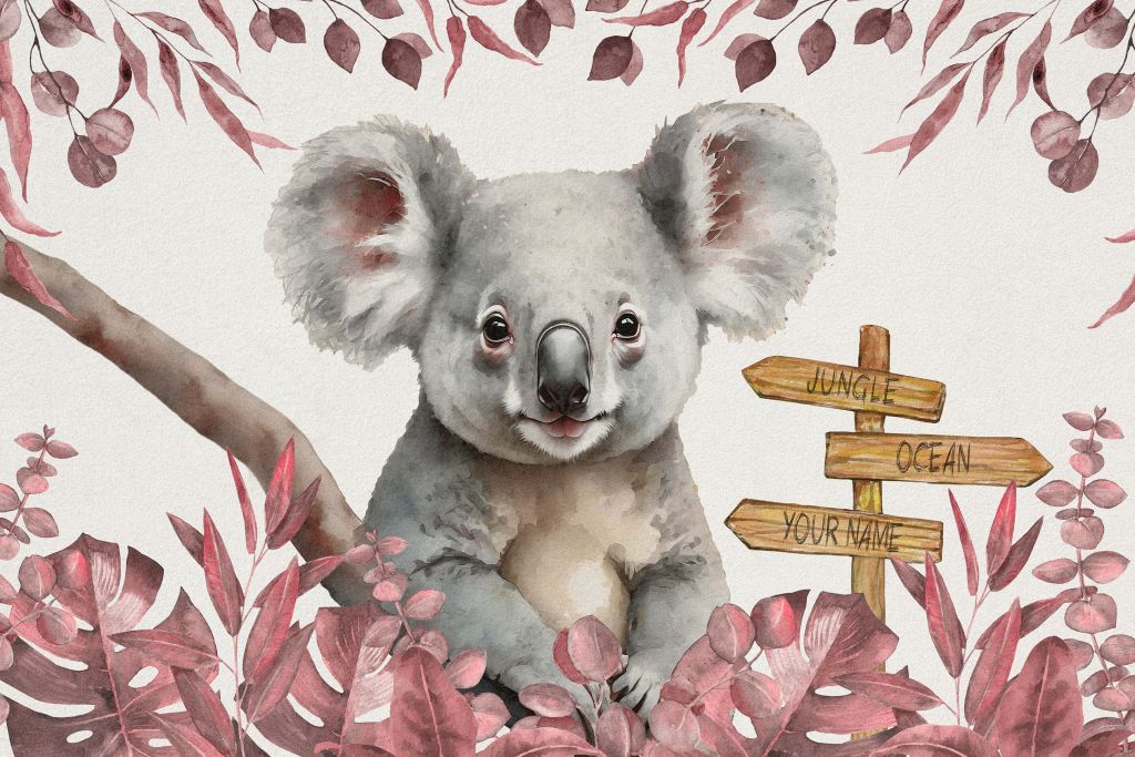 Baby koala in the jungle pink