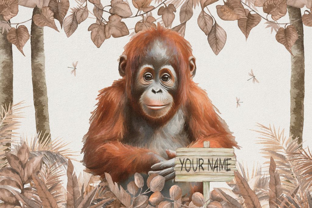 Juvenile orangutan in jungle taupe