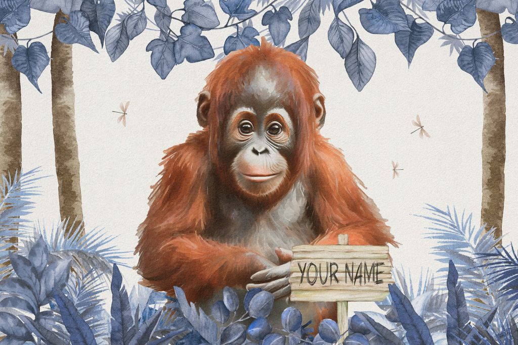 Young orangutan in the jungle blue