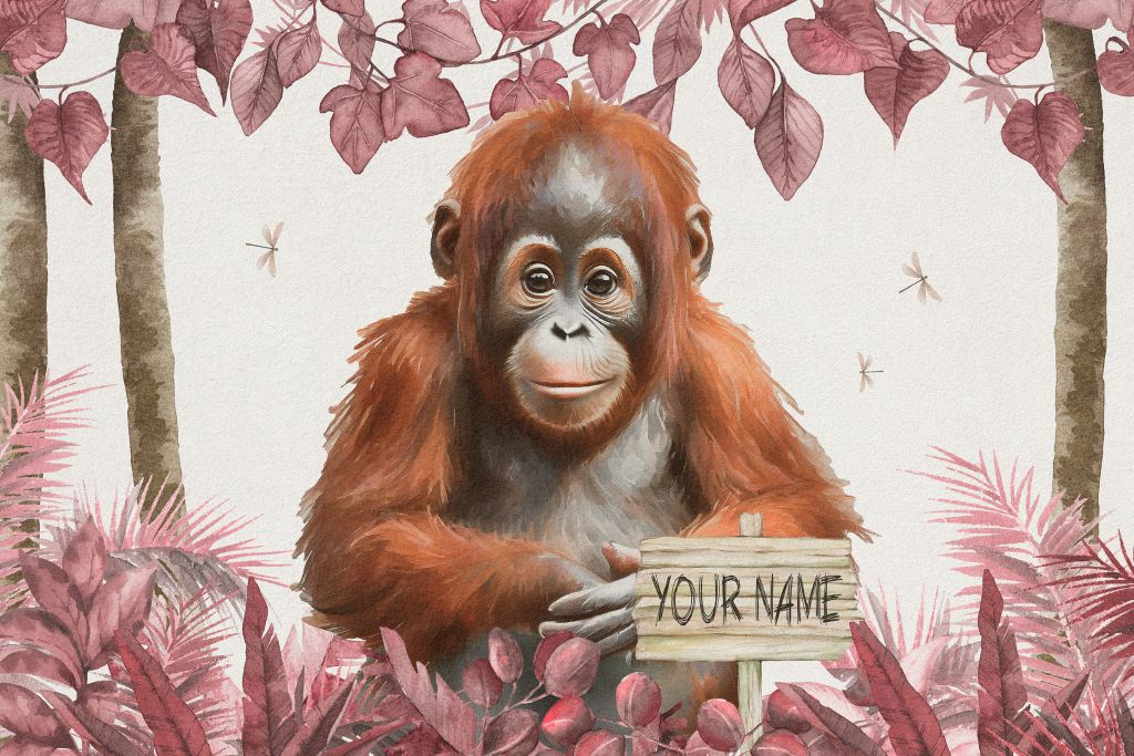 Young orang-utan in the jungle pink