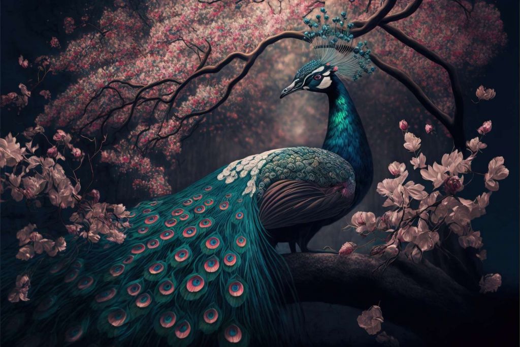 Peacock in Blossom Splendor