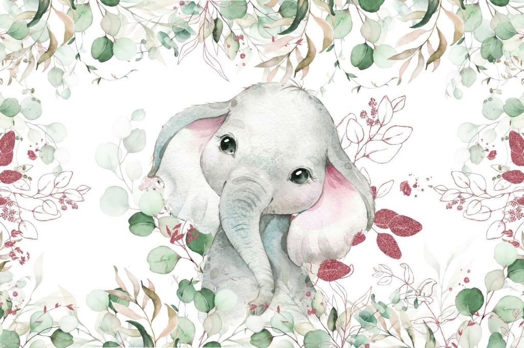 Elephant baby with mint and pink leaves