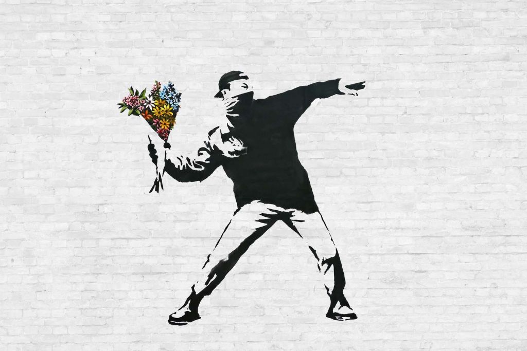 Banksy - Flower thrower, white bricks