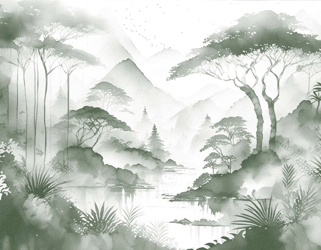 Mountain Lake in Misty Ink, green