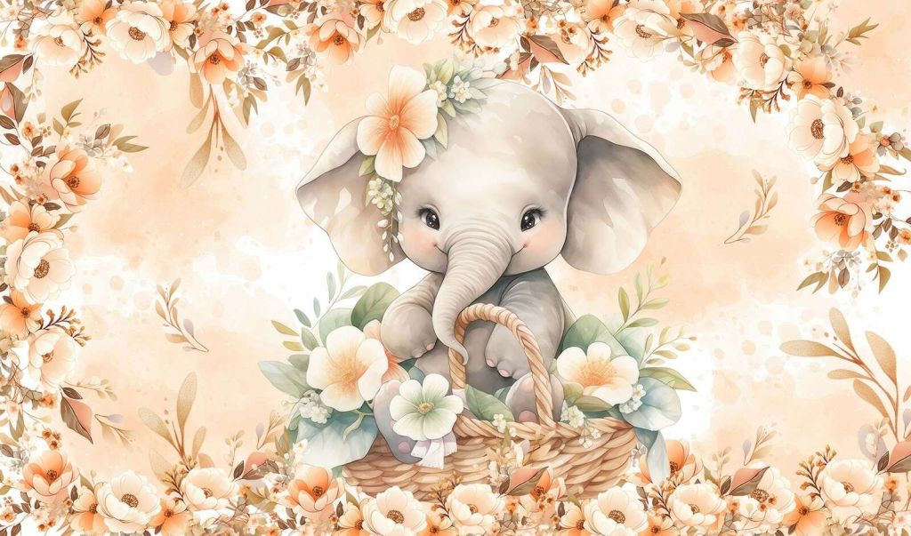 Cute elephant in flower basket
