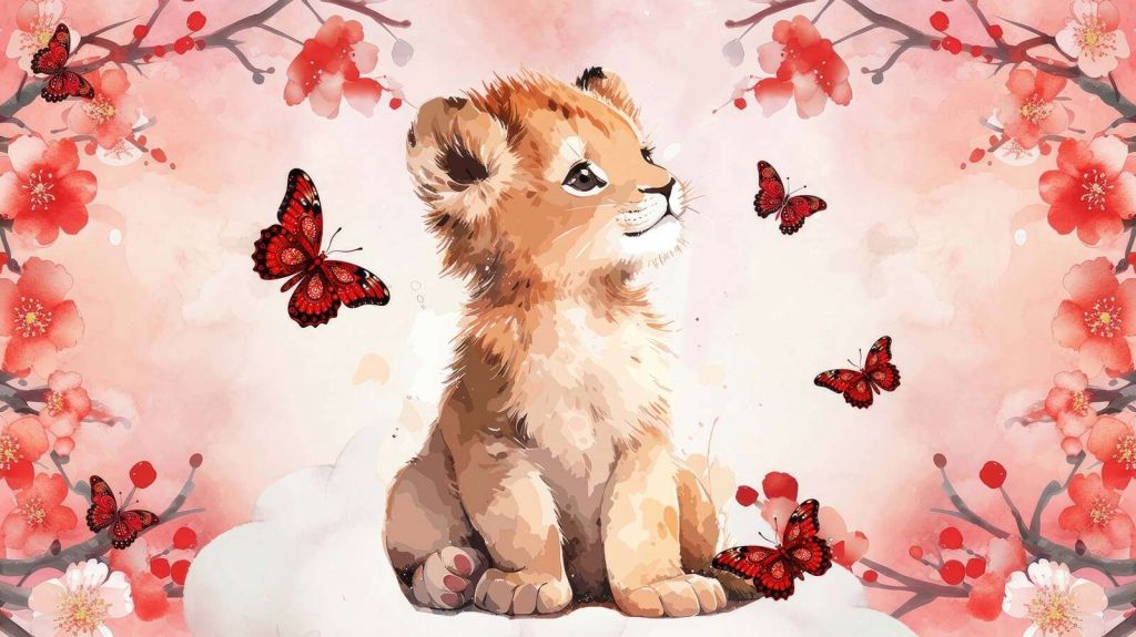 Dreamy lion cub and butterflies