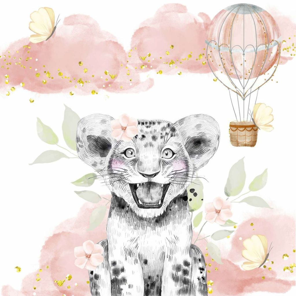 Joyful lion cub and balloon