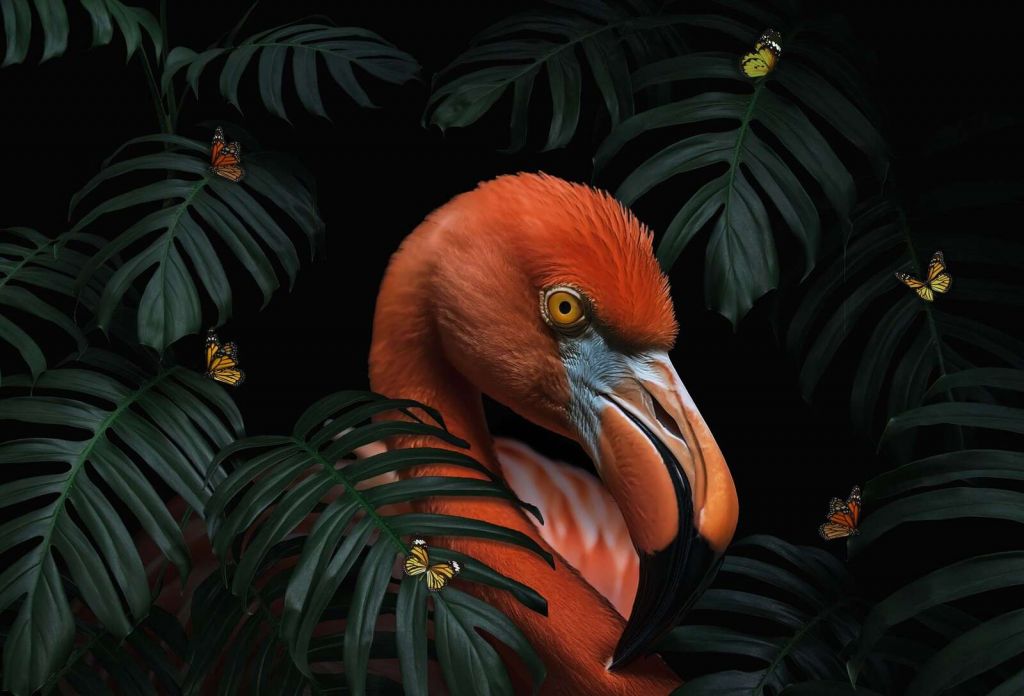 Flamingo among tropical green