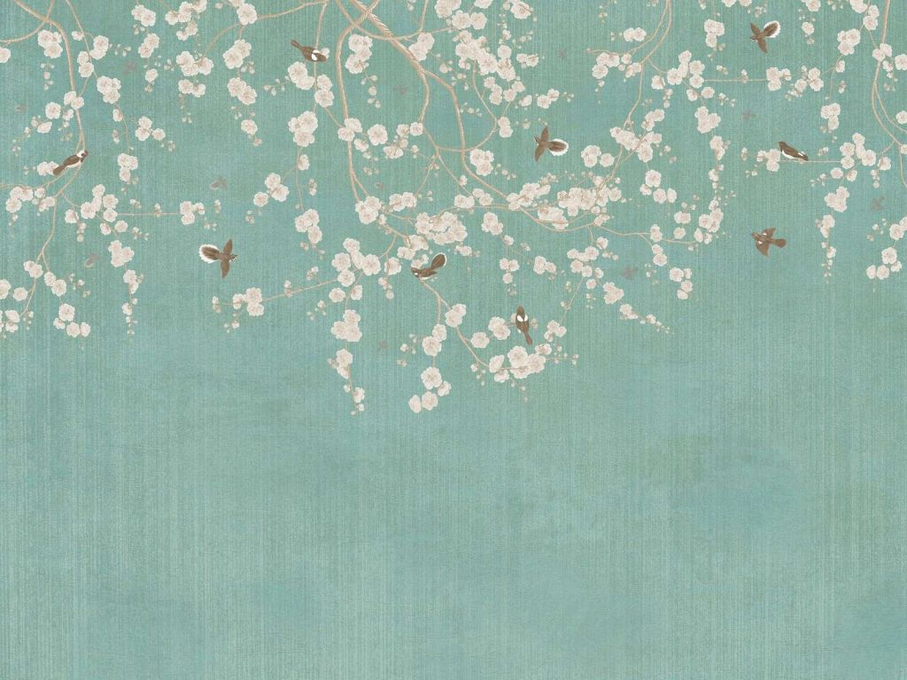 Blossom branches and flying sparrows