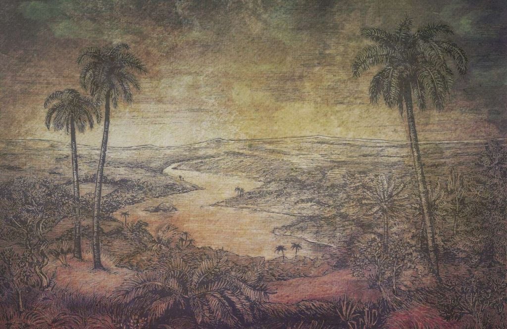 Tropical river landscape at sunset