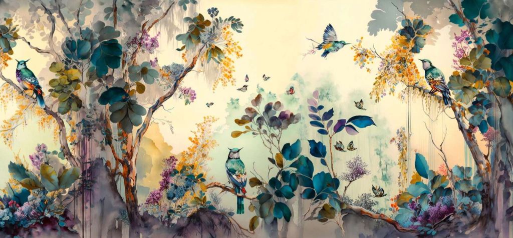 Birds of paradise in a dreamy forest