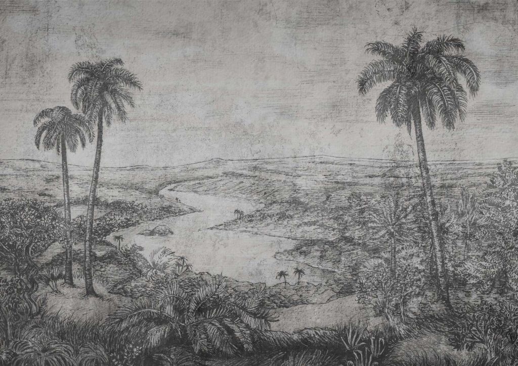 Palm landscape in gray engraving style