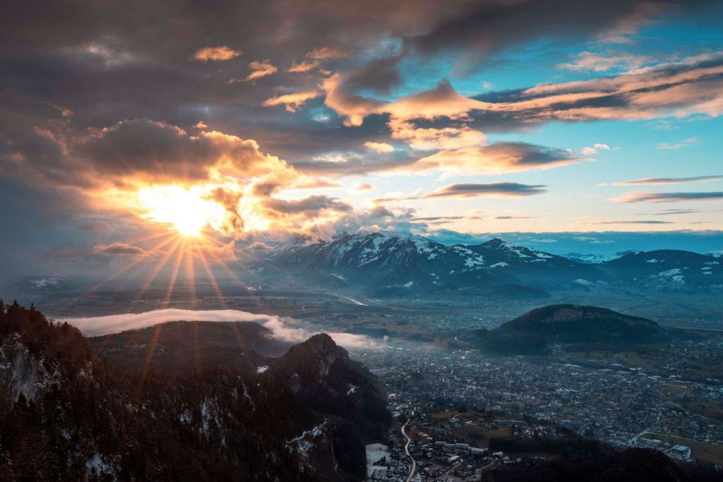 Sunset above alpine valley