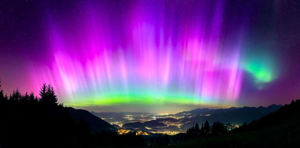 Northern lights above illuminated mountain city