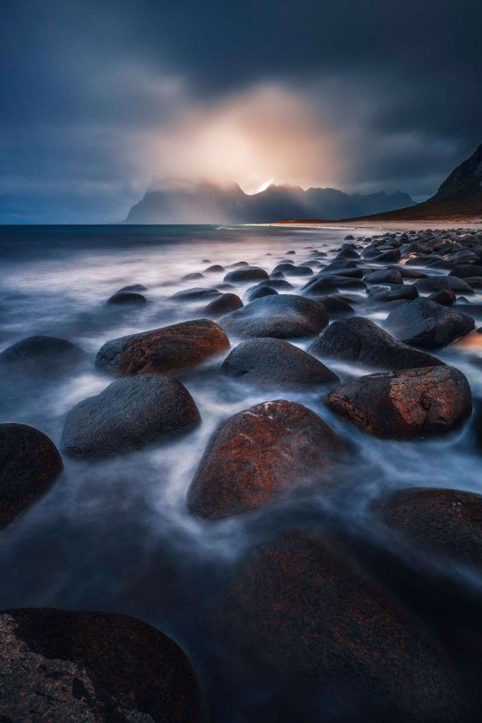 Evening light over rugged rocky coast
