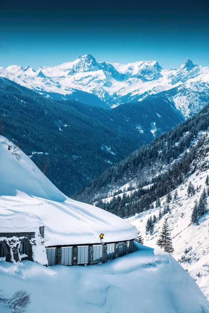 Deep blue alpine peaks in winter snow