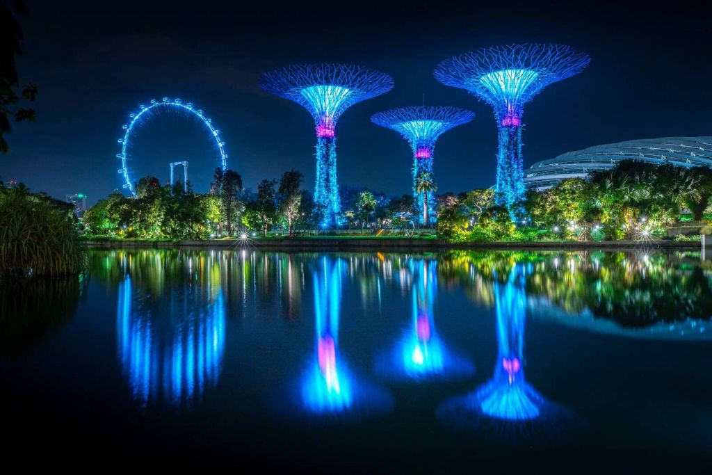 Futuristic light trees by water