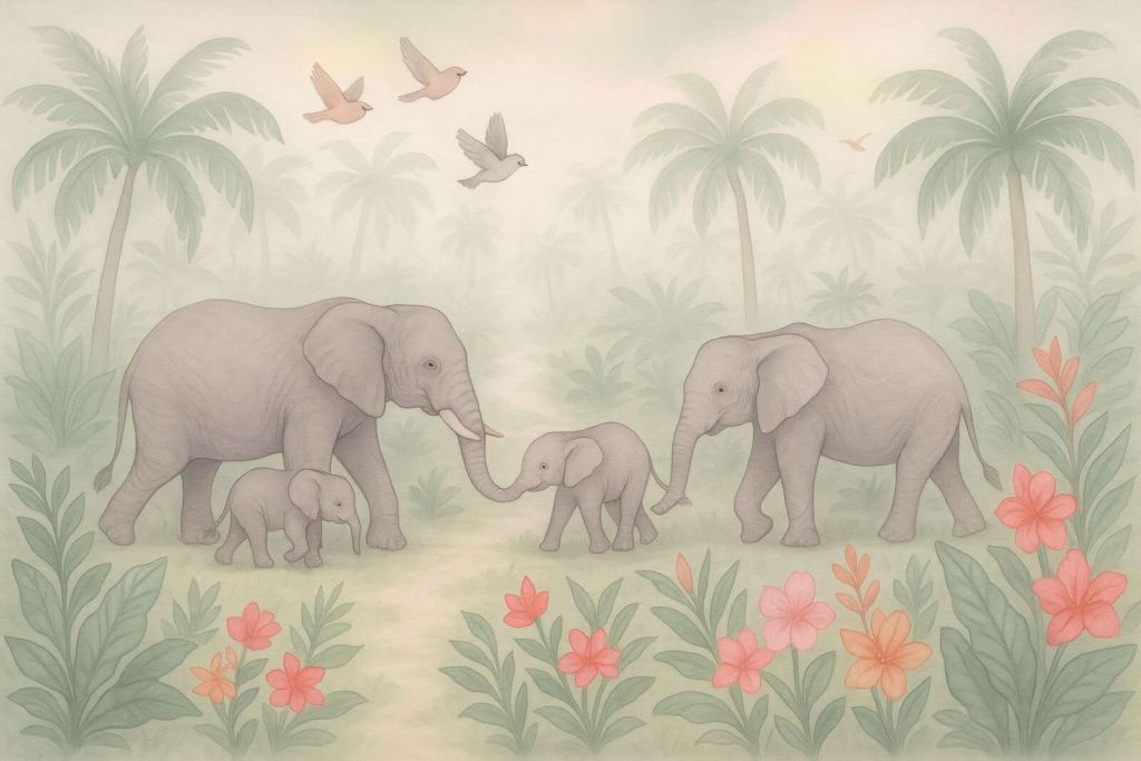 Elephant walk among tropical flowers