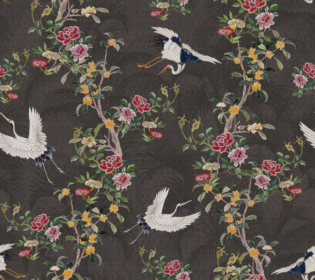 Cranes among blossoming branches