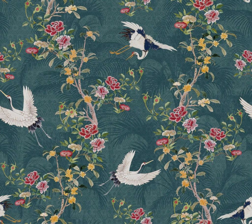 White cranes and blossom branches