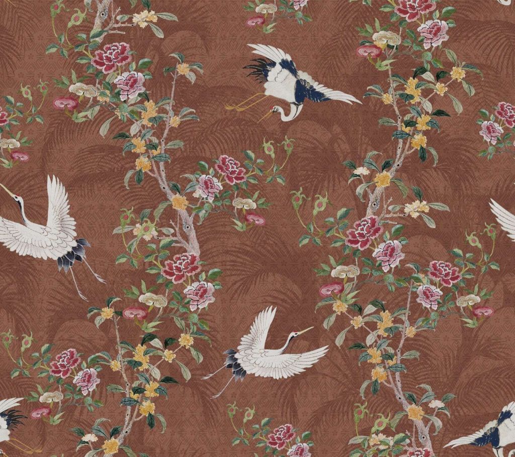White cranes among blossoms