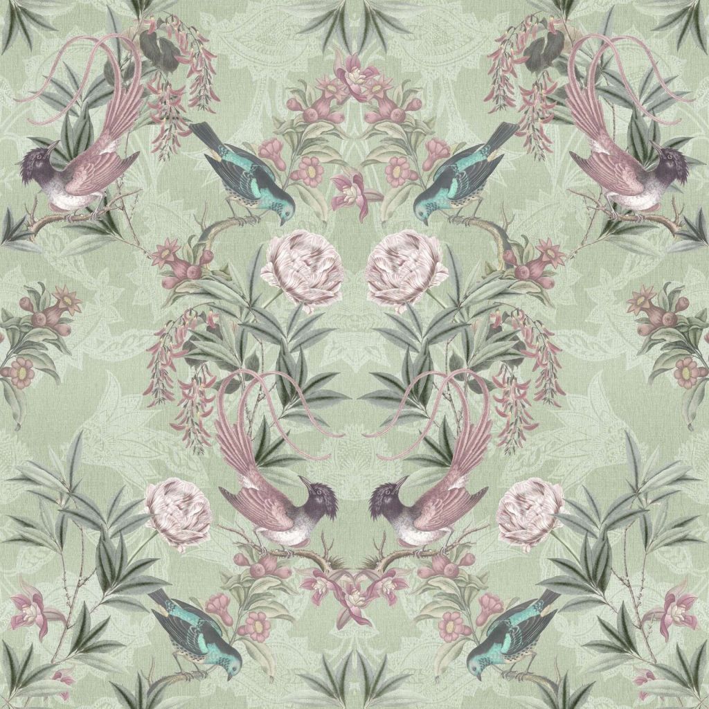 Sage-green garden birds and blossoms