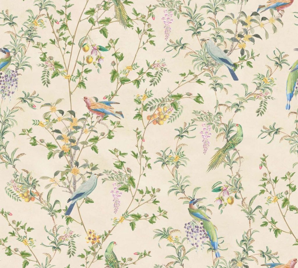 Exotic birds among flowering branches