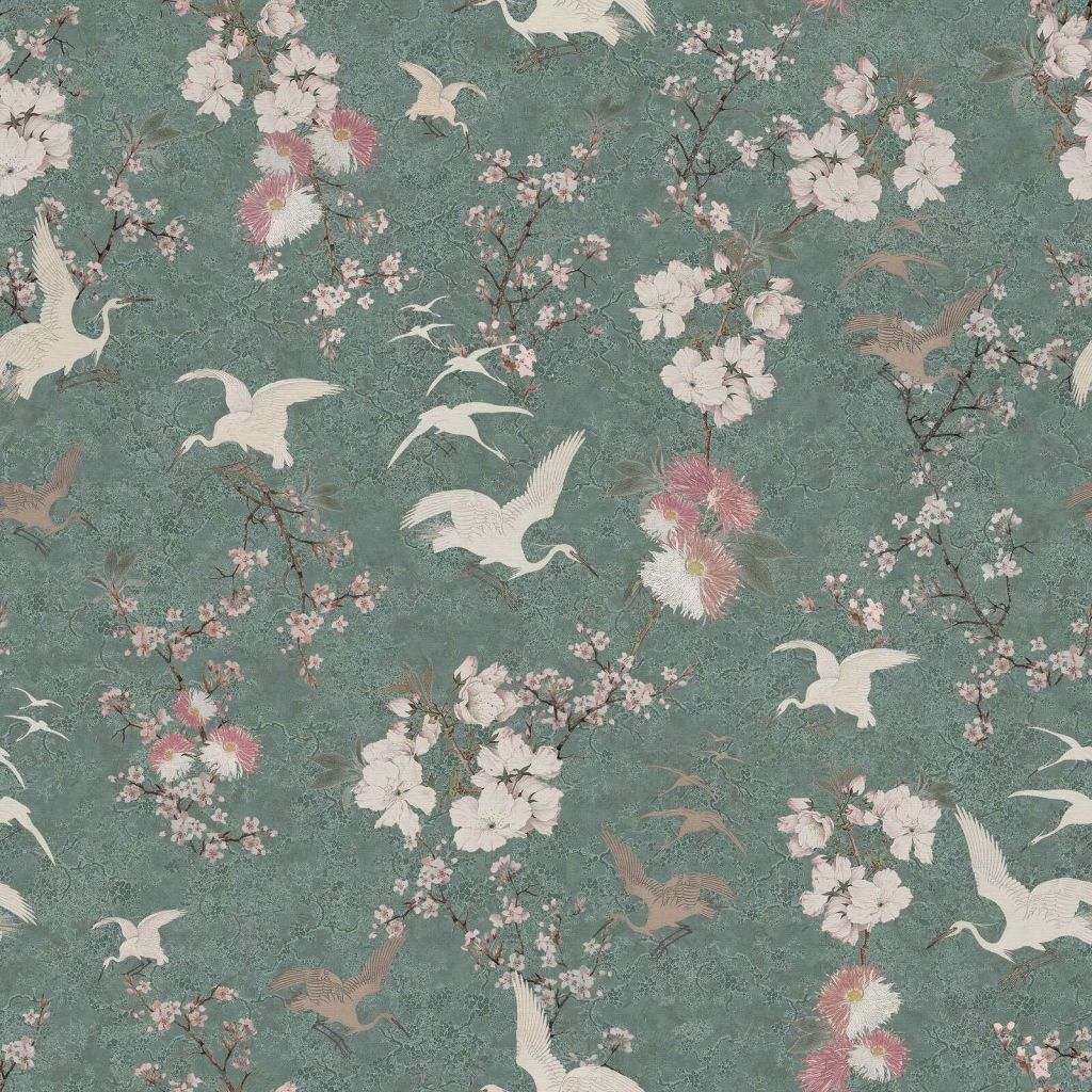 Cranes among blossom branches