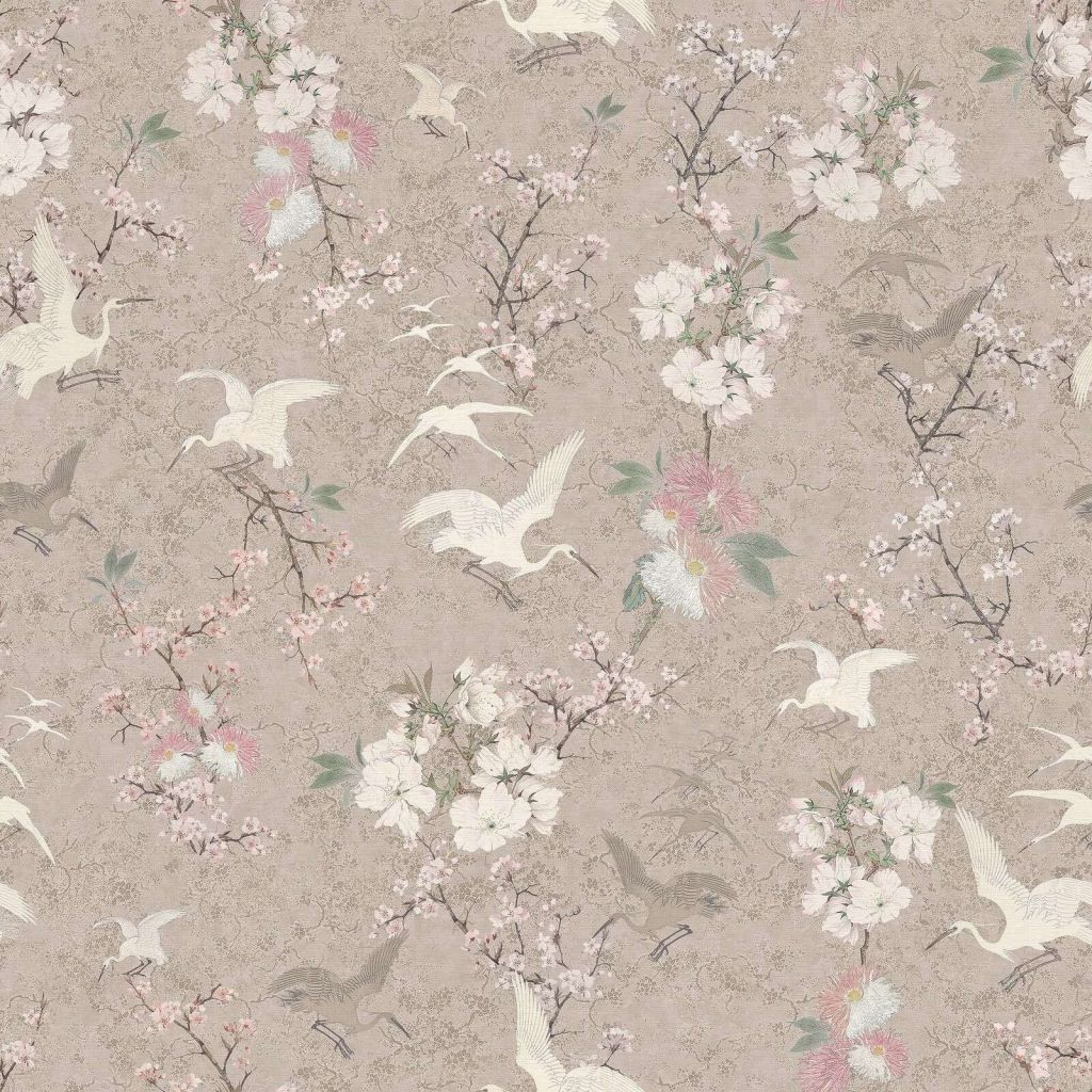 Cranes among blossoms in greige