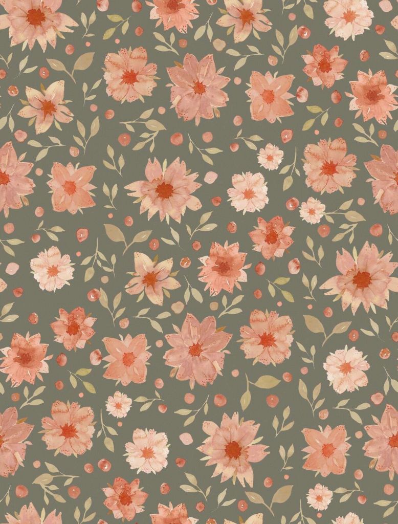 Coral pink watercolor flowers on olive green
