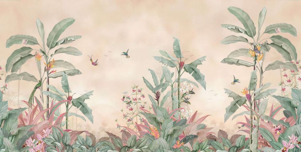 Tropical hummingbirds in banana forest