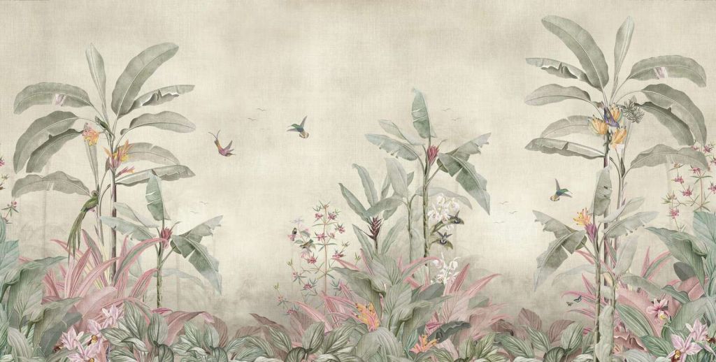 Hummingbirds among soft banana leaves